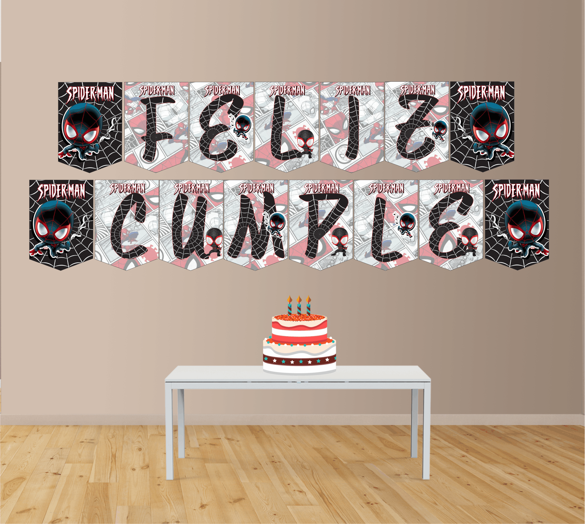 spiderman negro Banderín con Feliz cumple