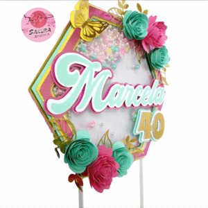 Nombre y edad flower Cake Topper 3d con shaker