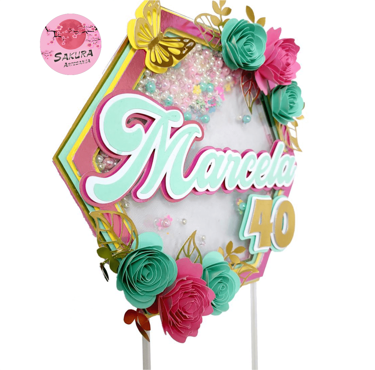 Nombre y edad flower Cake Topper 3d con shaker