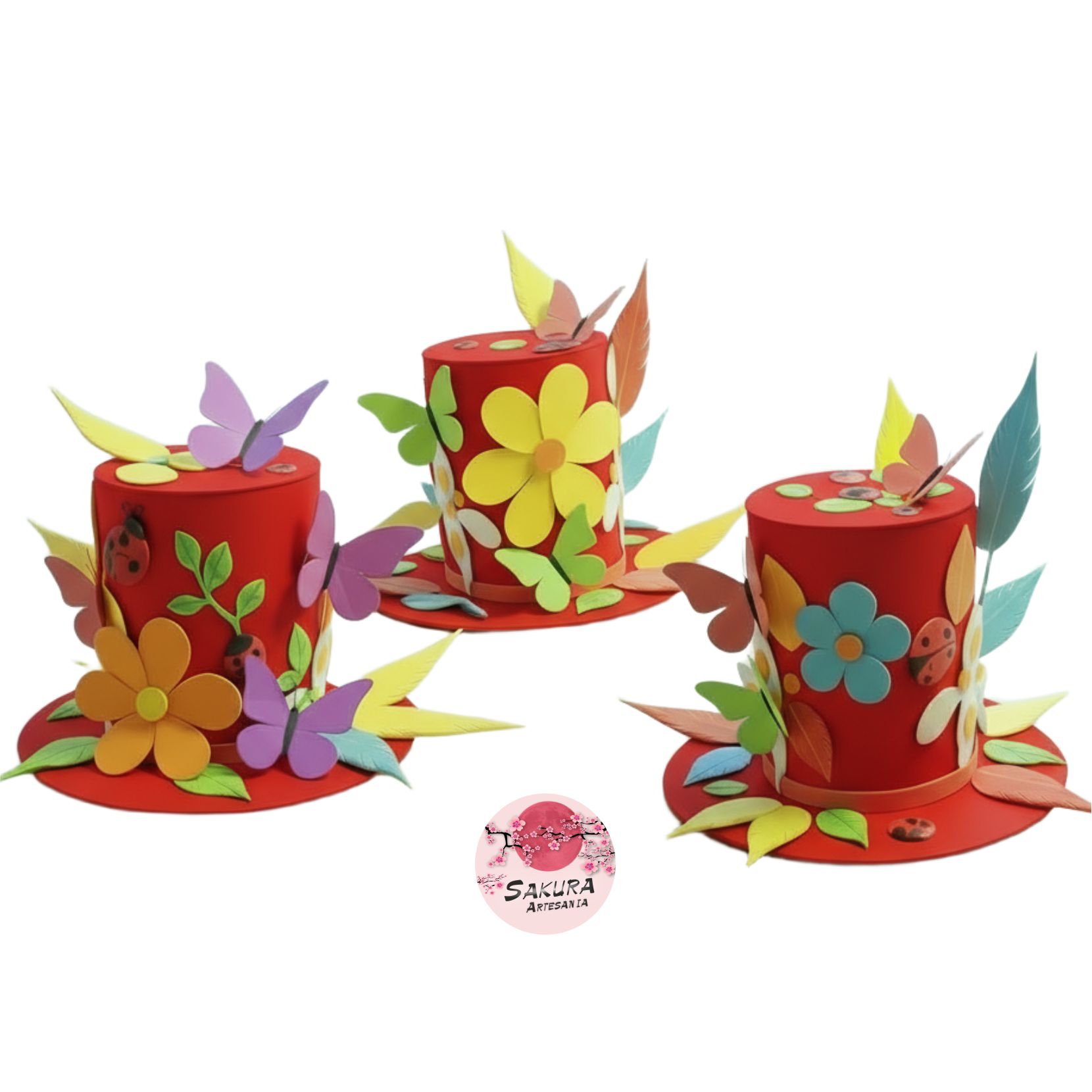 Galera Mariposas, flores, plumas Roja